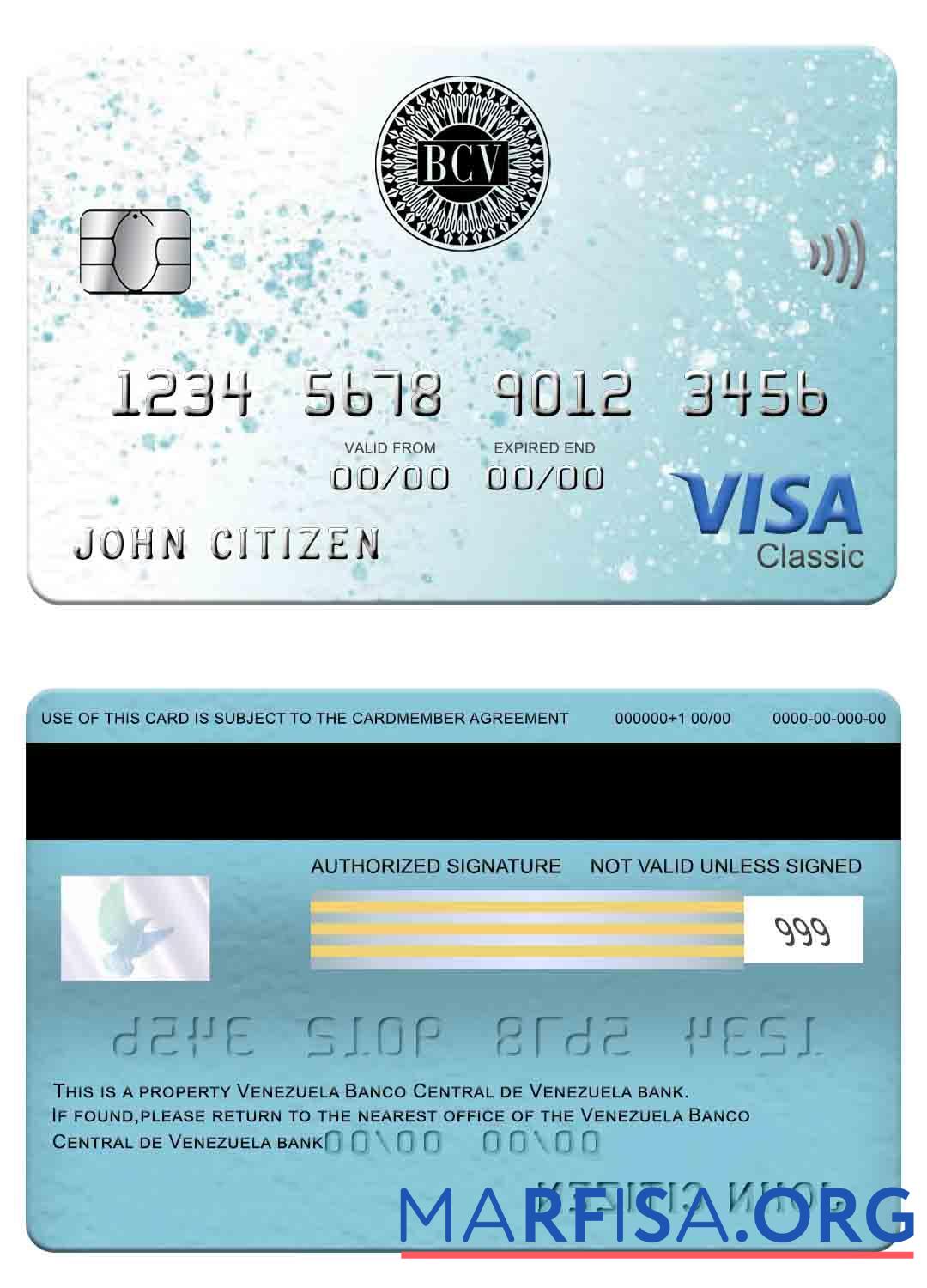 Blank Venezuela Banco Central de Venezuela bank visa classic card real example